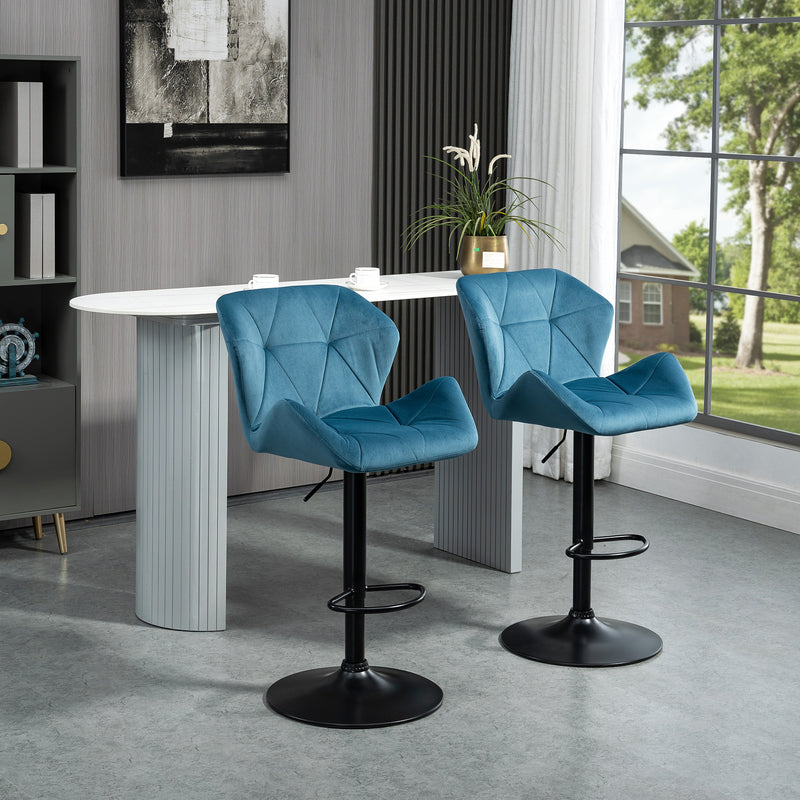 Bar Stools Set Of 2 Luxurious Velvet-Touch Barstools w/ Metal Frame Footrest Round Base Triangle Indenting Moulded Seat Adjustable Height Blue