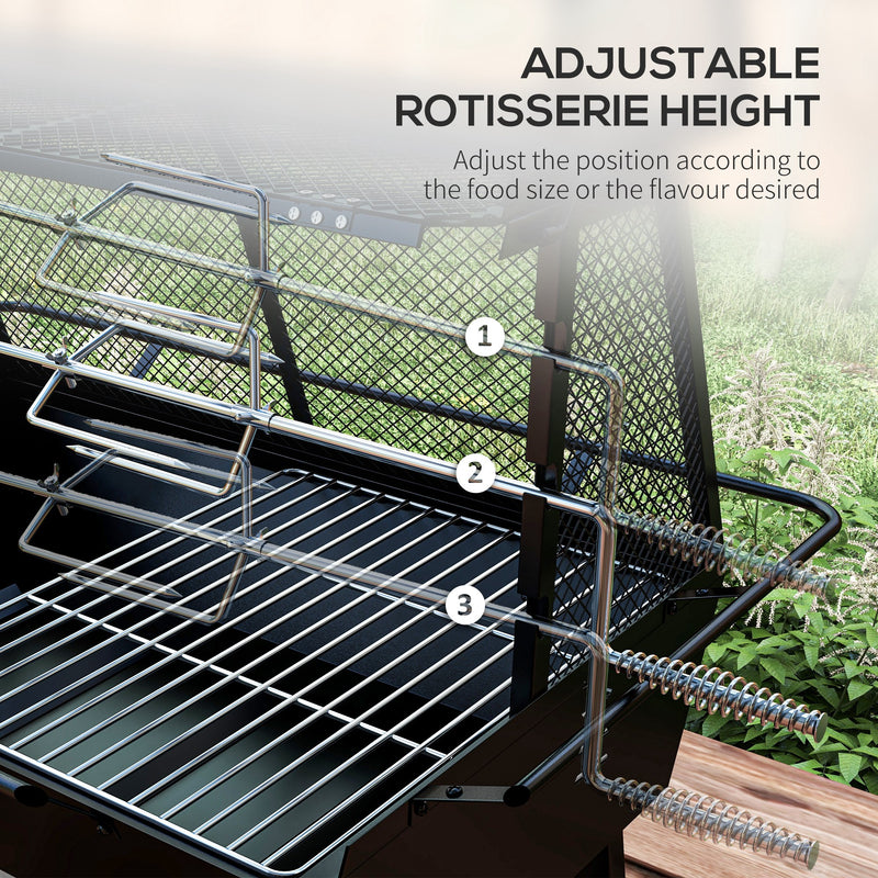 3-in-1 Charcoal Barbecue Grill, Rotisserie Roaster, Fire Pit with Storage Shelf and Mesh Lid