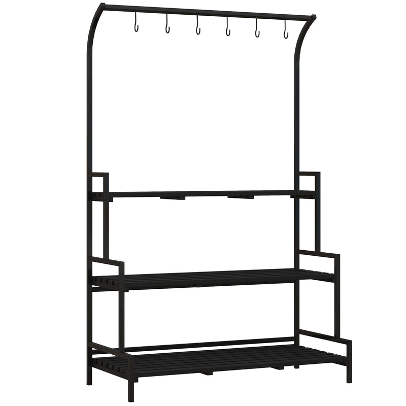 3 Tiered Plant Rack with Hanging Hooks, Tall Plant Stand for Indoor Outdoor Porch Balcony Use, Black