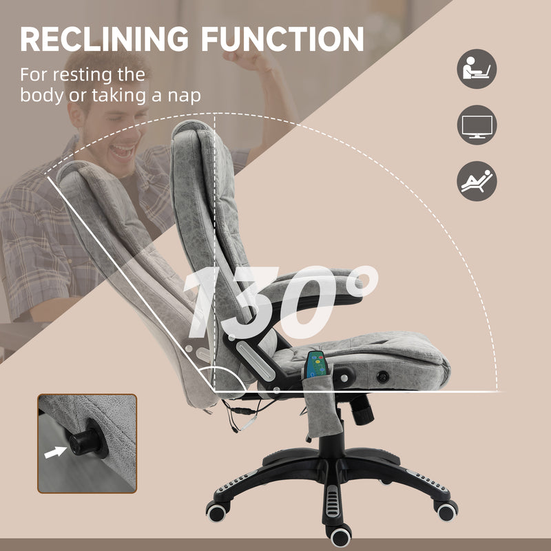 Massage Recliner Chair Heated Office Chair with Six Massage Points Microfiber Cloth 360° Swivel Wheels Grey