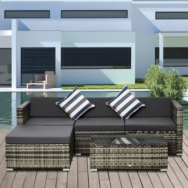 4-Seater Garden Rattan Furniture Set, Outdoor Sectional Conversation PE Rattan Sofa Set, with Cushions Pillows and Glass Table, Mixed Grey