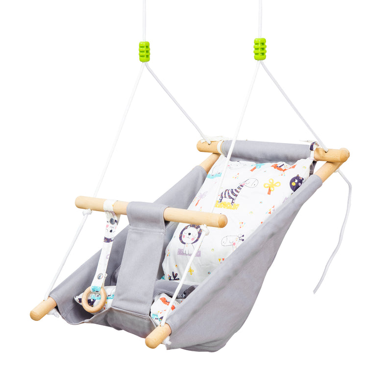 Kids Hammock Chair, Baby Relax Hanging Swing, with Cotton Padded Pillow, Wooden Frame, Indoor Outdoor Use, Aged 6-36 months, Grey