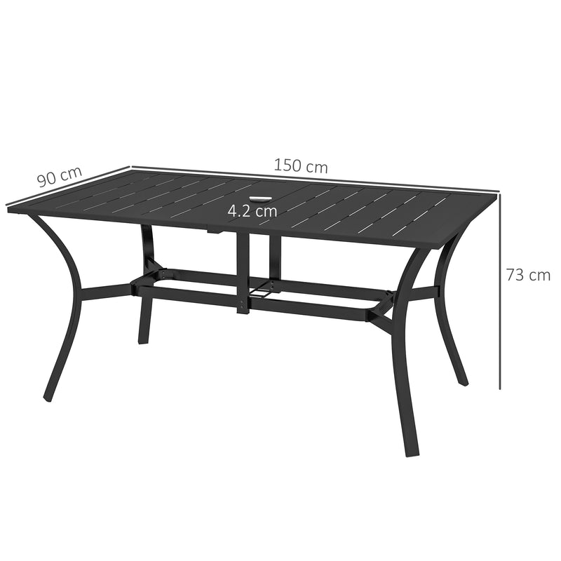 Rectangle Garden Dining Table with Parasol Hole, Patio Table with Steel Frame and Slat Tabletop, 150cm x 90cm, Black
