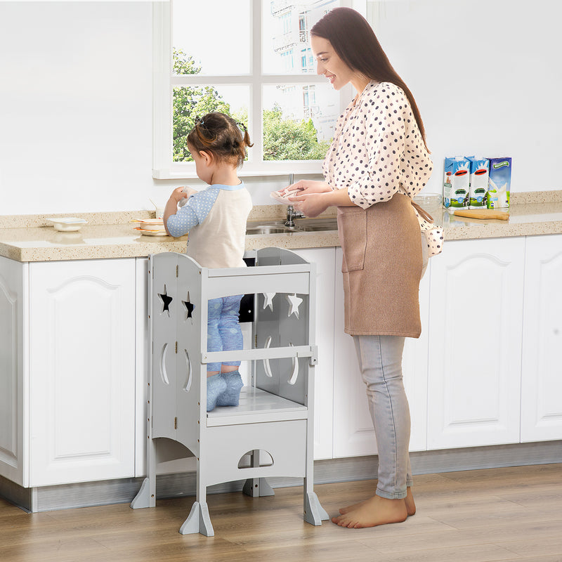 Kids Step Stool Toddler Kitchen Stool with Blackboard Lockable Handrail for Kids Kitchen Counter Grey