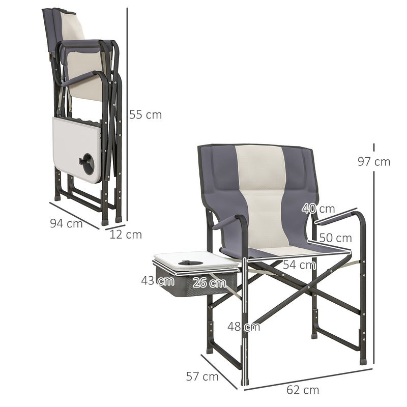 Aluminium Directors Chair, Folding Camping Chair for Adults with Side Table, Cup Holder, Cooler Bag and Pocket, Grey