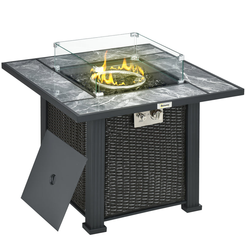 Outdoor PE Rattan Gas Fire Pit Table, Patio Square Propane Heater with Marble Desktop, Rain Cover, Glass Windscreen, and Glass Stones Black