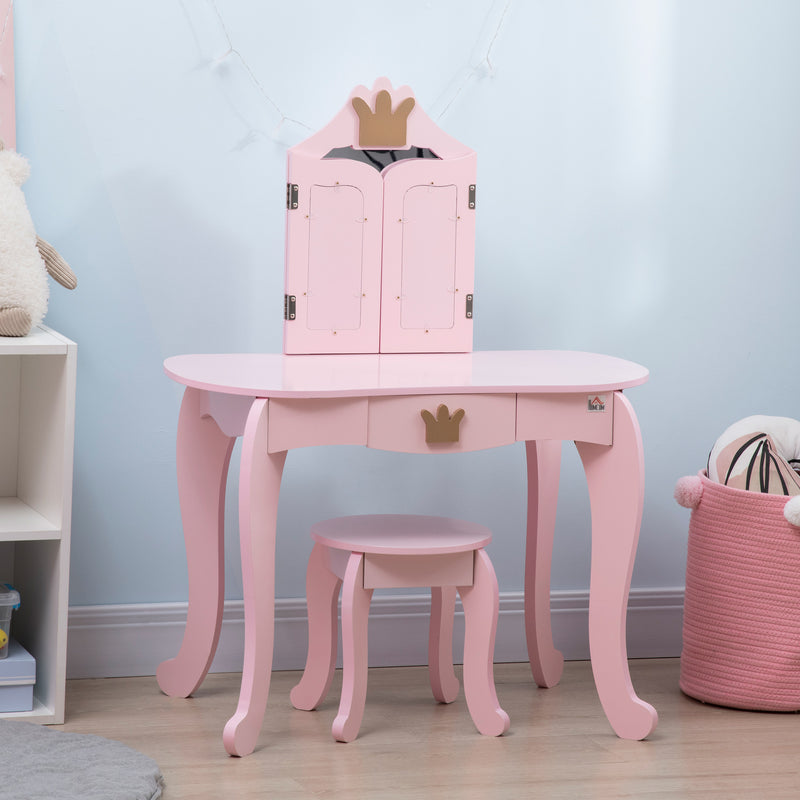 Kids Dressing Table with Mirror and Stool, Kids Vanity Set, Girl Makeup Desk with Rotatable Mirrors and Drawer, Pink