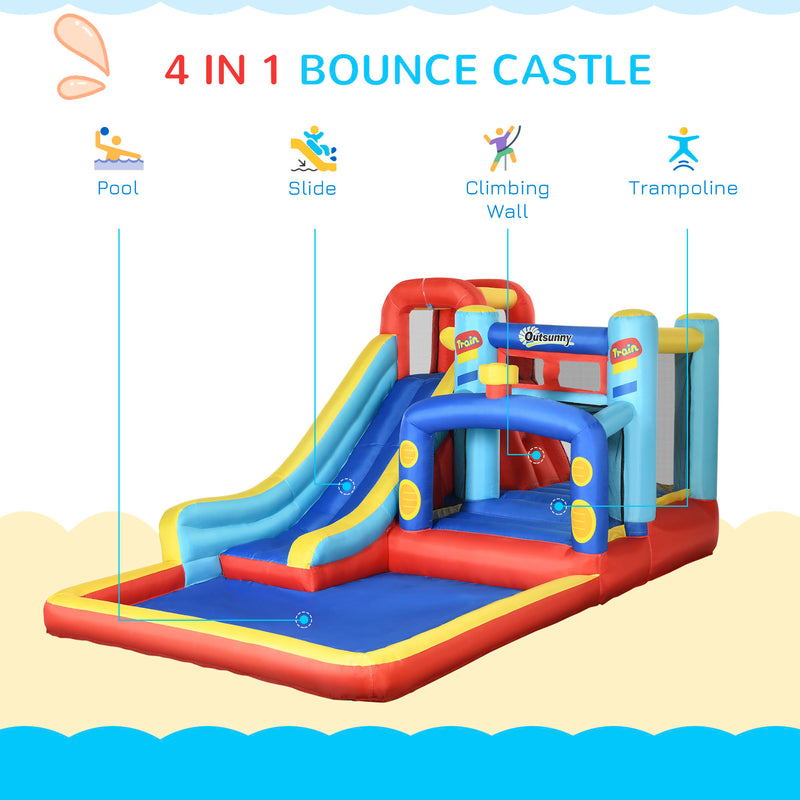 4 in 1 Bouncy Castle, with Slide, Pool, Trampoline, Climbing Wall, Blower - Multicoloured