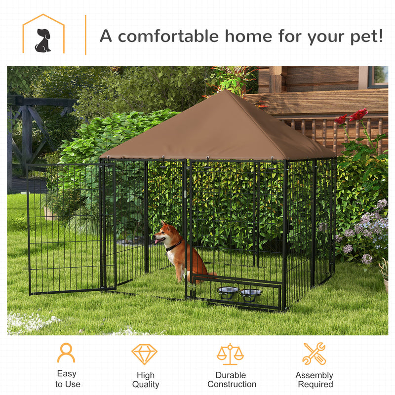 Outdoor Dog Kennel Puppy Play Pen with Canopy Garden Playpen Fence Crate Enclosure Cage Rotating Bowl 141 x 141 x 151 cm