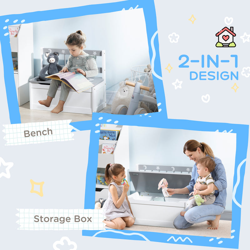 2-IN-1 Wooden Toy Box, Kids Storage Bench Toy Chest with Safety Pneumatic Rod, Star & Moon Pattern, Grey