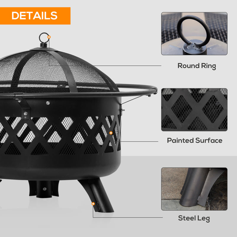 2-in-1 Outdoor Fire Pit with BBQ Grill, Patio Heater Log Wood Charcoal Burner, Firepit Bowl w/Spark Screen Cover, Poker for Backyard Bonfire