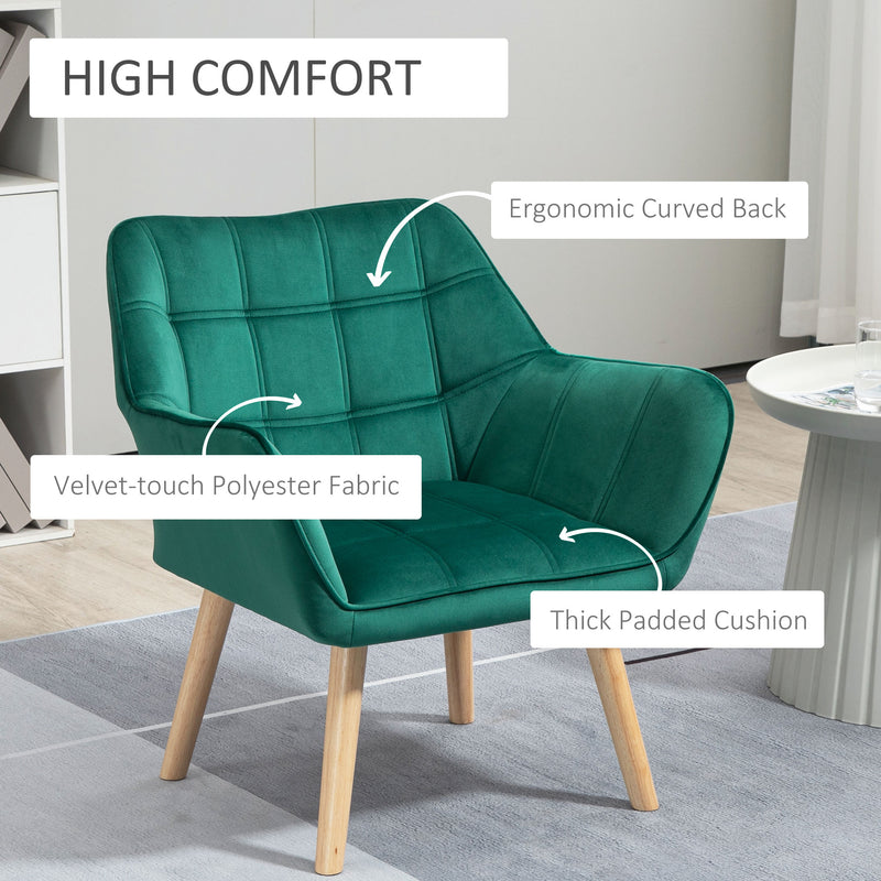 Armchair Accent Chair, Vanity Chair with Wide Arms, Slanted Back, Padding, Metal Frame, Wooden Legs, Home Bedroom Furniture Seating, Set of 2, Green