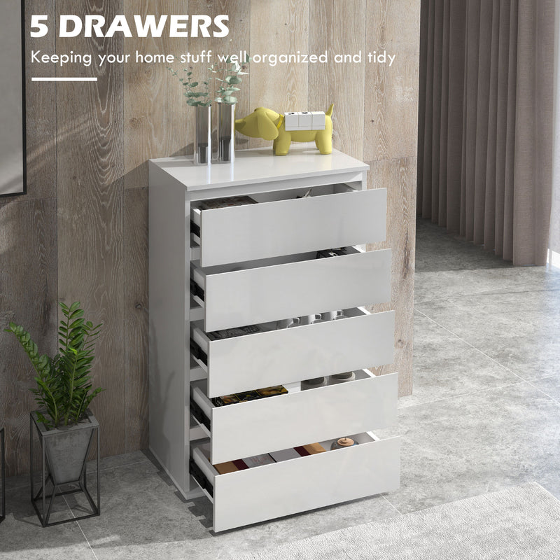 5-Drawer High Gloss Chest of Drawers, Storage Cabinets, Modern Dresser, Storage Drawer Unit for Bedroom, White