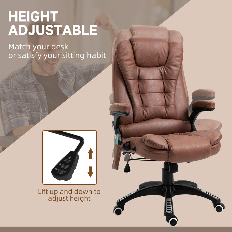 Massage Recliner Chair Heated Office Chair with Six Massage Points Microfiber Cloth 360° Swivel Wheels Brown