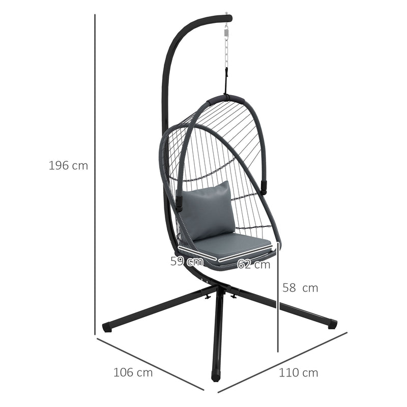 Outdoor PE Rattan Swing Chair with Cushion, Foldable Basket Patio Hanging Chair with Metal Stand, 360° Rotation Spring Hook, Basket Height Adjust with Metal Chain, Grey