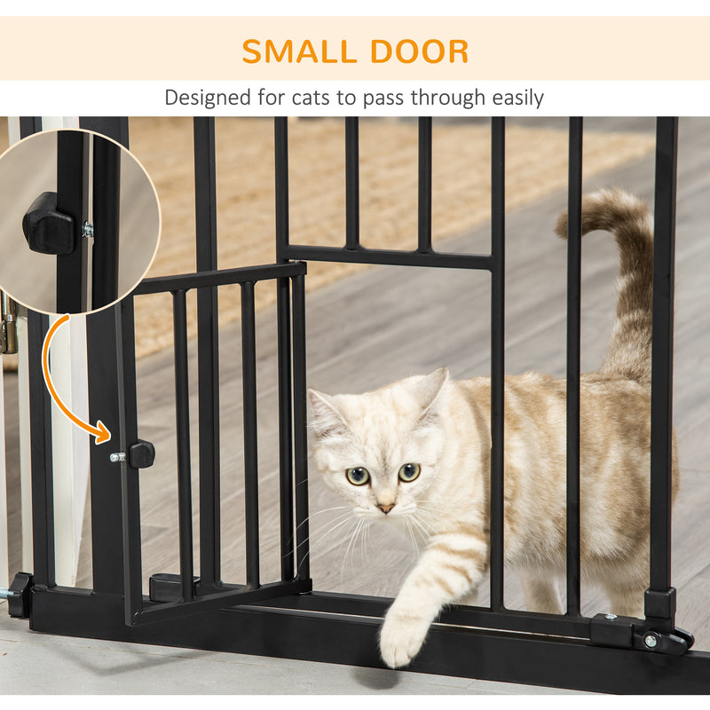 Extra Tall Pet Gate, Indoor Dog Safety Gate, with Cat Flap, Auto Close, 74-101cm Wide - Black