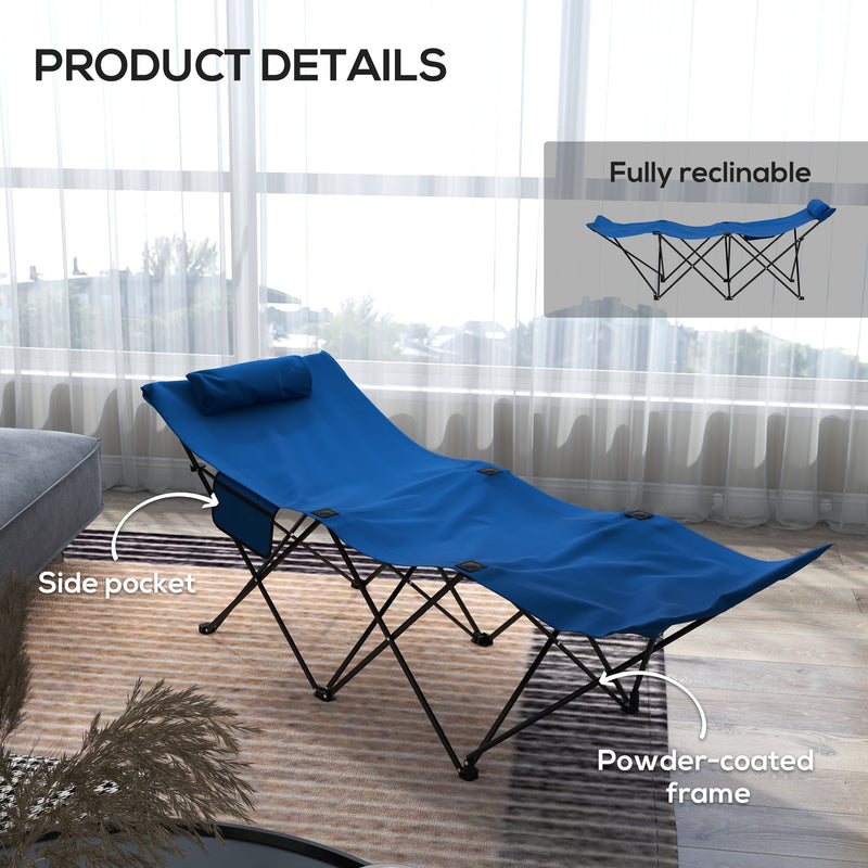 Foldable Sun Lounger, Outdoor Tanning Sun Lounger Chair with Side Pocket, Headrest, Oxford Seat, for Beach, Yard, Patio, Dark Blue