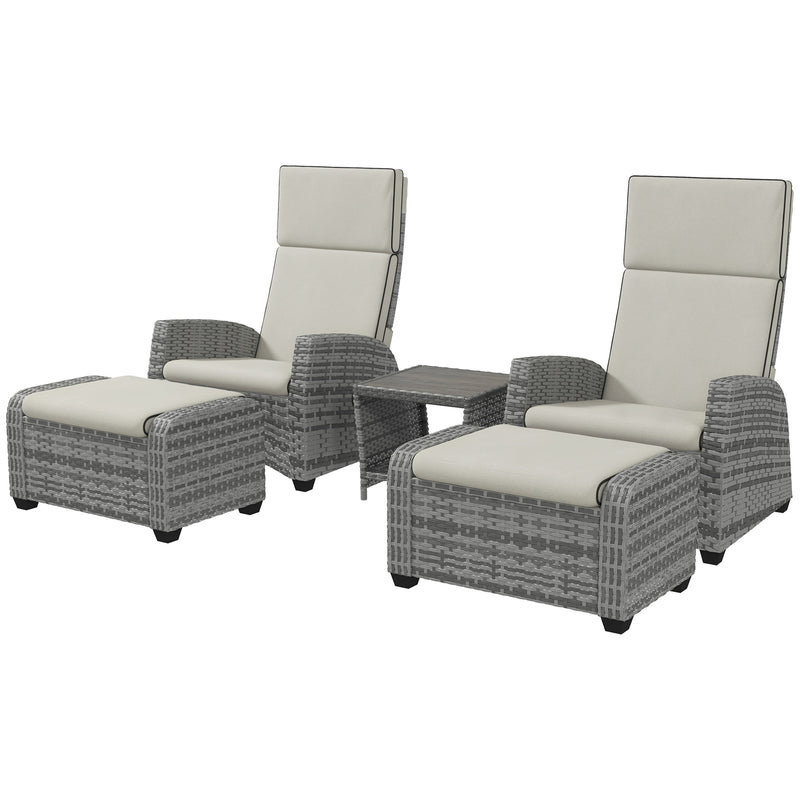5-Piece Rattan Patio Reclining Chair Set with Footstools, Coffee Table, Cushions, for Outdoor Garden, Grey