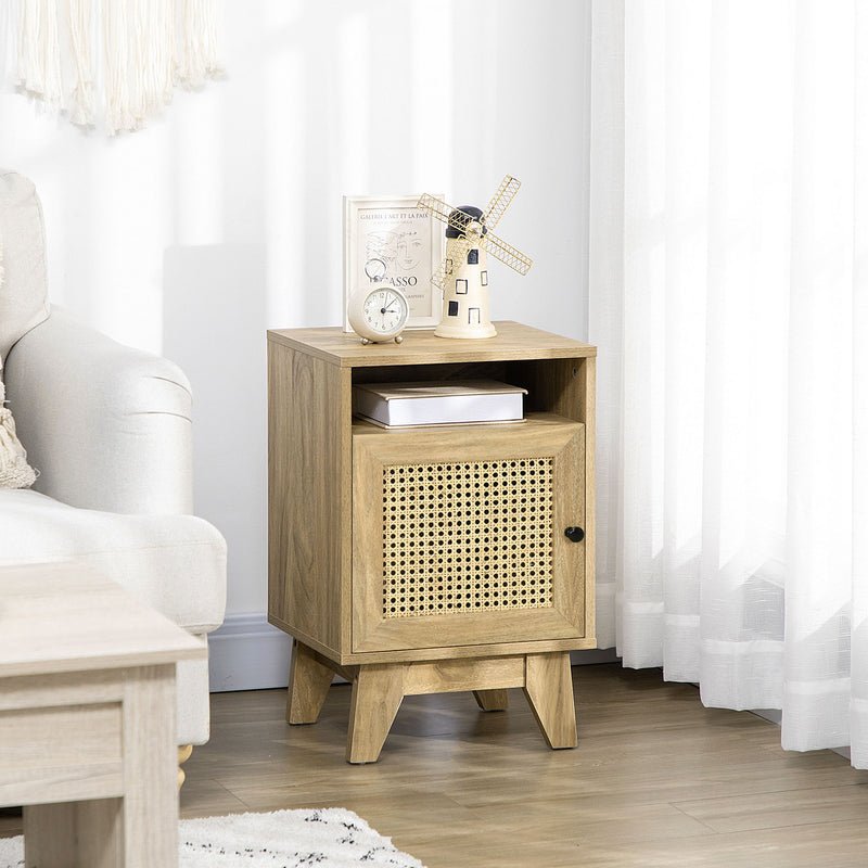 Bedside Table with Rattan Element, Side End Table with Shelf and Cupboard, 39cmx35cmx60cm, Natural