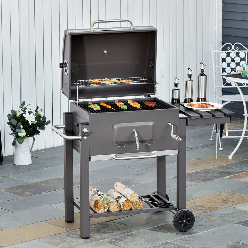 Charcoal Grill BBQ Trolley Backyard Garden Smoker Barbecue w/ Shelf Side Table Wheels Built-in Thermometer