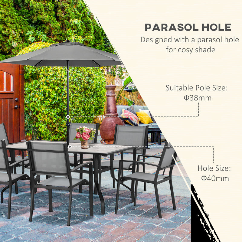 7 Piece Garden Dining Set, Armchairs and Table with Parasol Hole, 6 Seater Outdoor Patio Furniture with Texteline Seat for Backyard, Grey