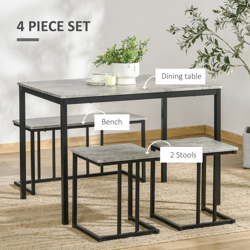 Dining Table and Chairs Set for 4 People, Concrete Effect Kitchen Table and Bench Set with Steel Frame, 4 Piece Dining Room Sets, Grey
