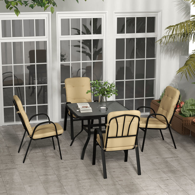 5 Pieces Outdoor Square Garden Dining Set w/ Tempered Glass Dining Table 4 Cushioned Armchairs, Umbrella Hole, Beige