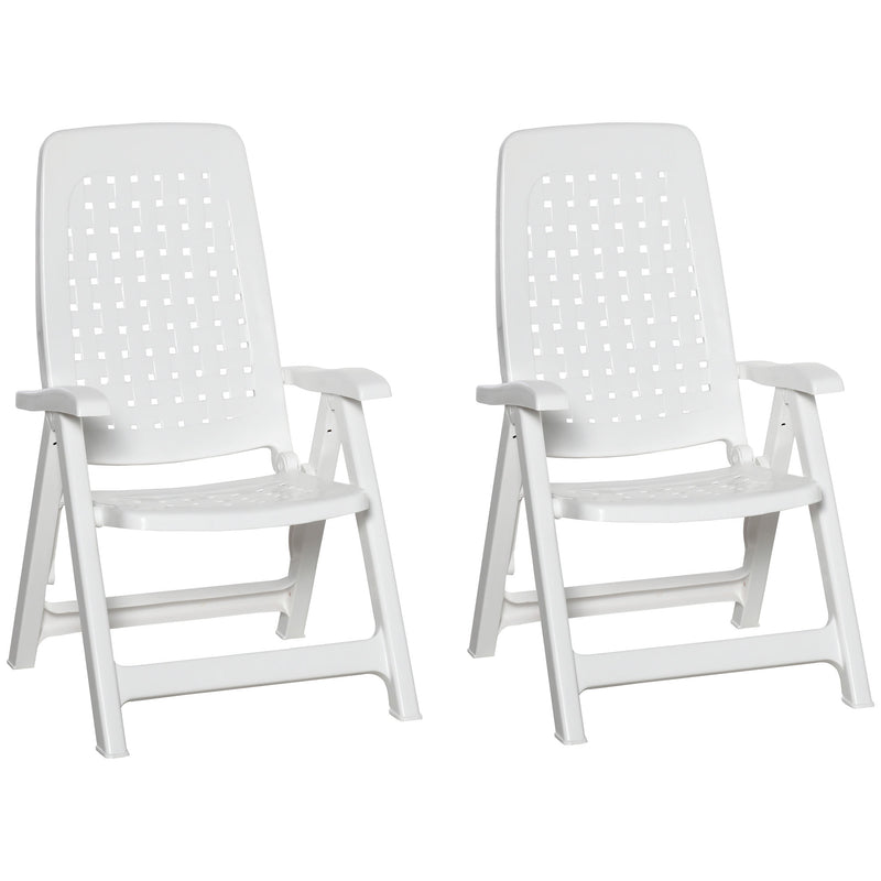 Set of 2 Folding Plastic Dining Chairs with 4-Position Backrest, Reclining Armchairs for Indoor & Outdoor Events, Camping, White