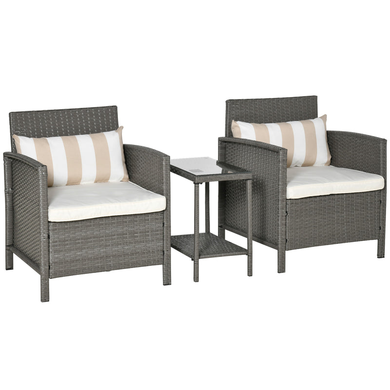 Rattan Garden Furniture 3 Pieces Patio Bistro Set Wicker Weave Conservatory Sofa Chair & Table Set with Cushion Pillow - Light Grey