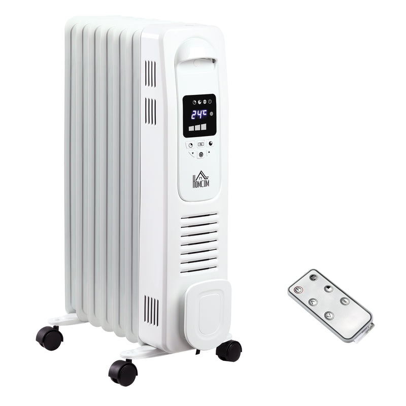 1630W Digital Oil Filled Radiator, 7 Fin, Portable Electric Heater with LED Display, 3 Heat Settings, Safety Cut-Off and Remote Control, White