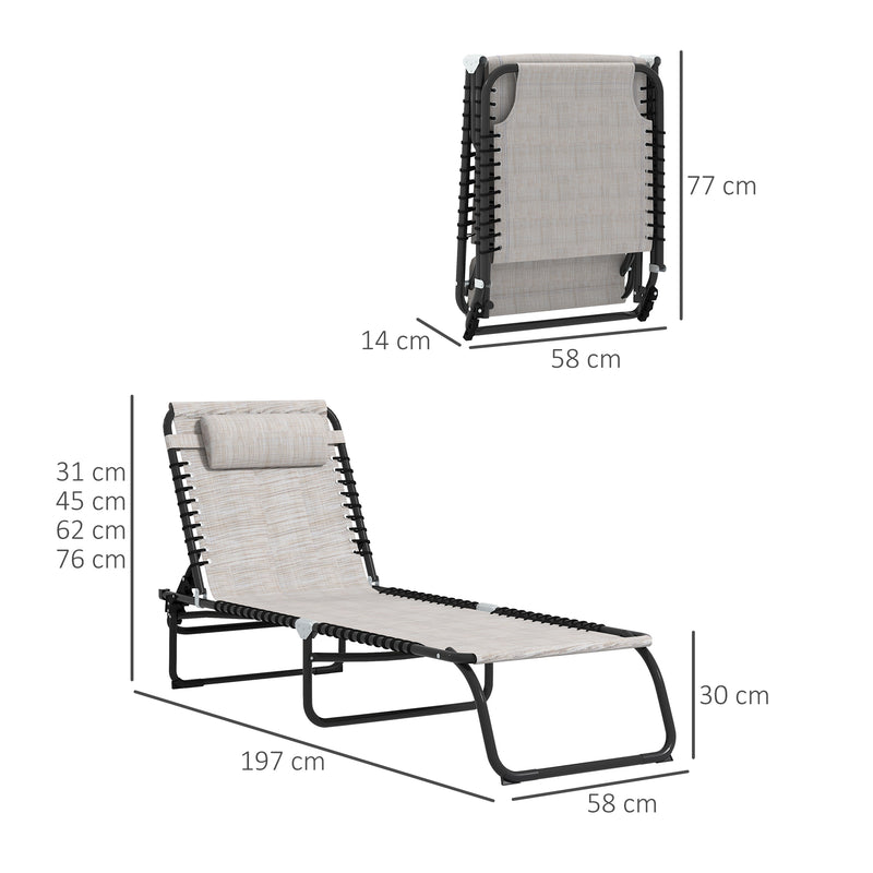 2 Pcs Folding Sun Lounger Beach Chaise Chair Garden Cot Camping Recliner with 4 Position Adjustable Cream White