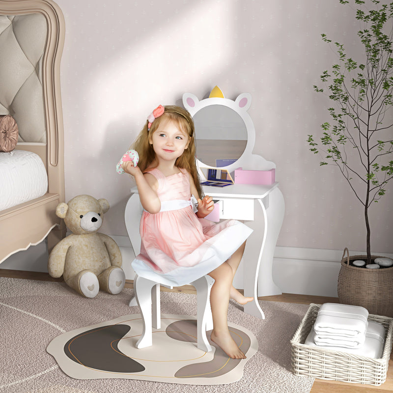Unicorn-Design Kids Dressing Table, with Mirror and Stool - White