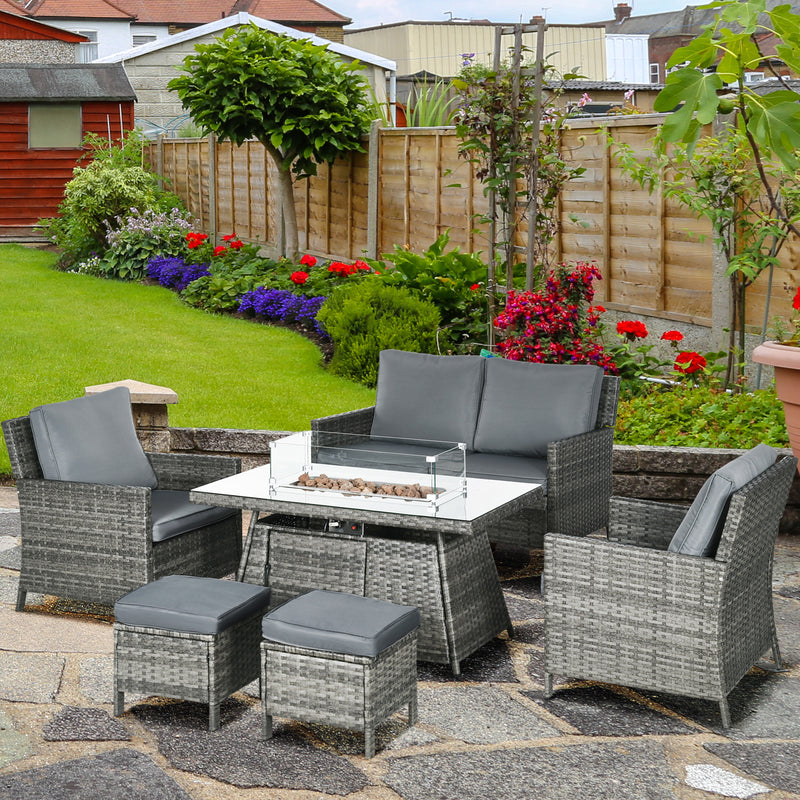 6-Seater Rattan Garden Furniture Set w/ Gas Fire Pit Table, Wicker Loveseat, 2 Armchairs and 2 Footstools, Grey