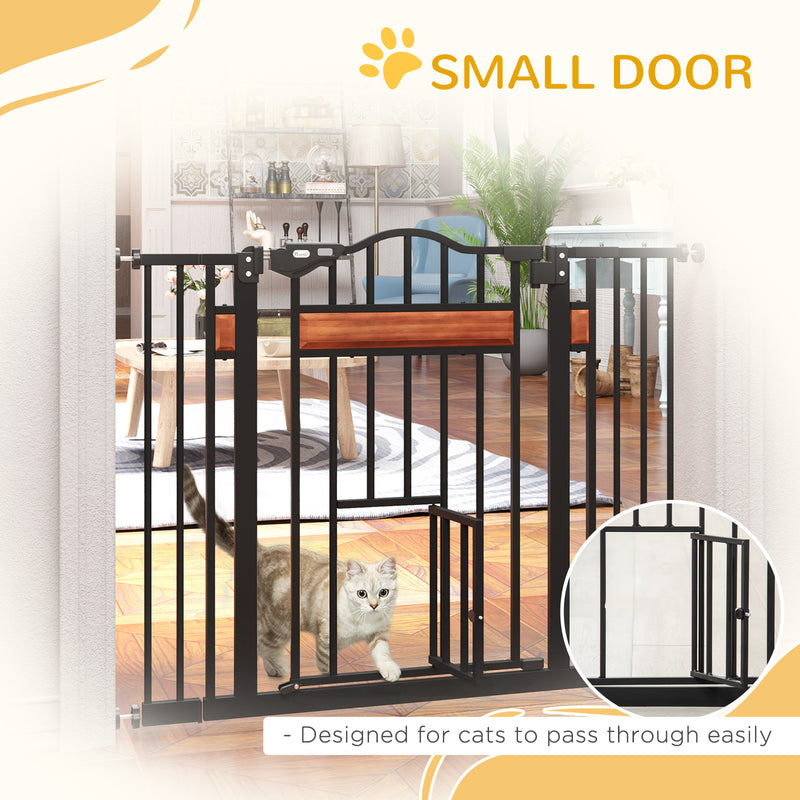 Dog Gate with Cat Flap Pet Safety Gate, Auto Close Double Locking Pine Wood Decoration, for Doorways Stairs Indoor, 74-105 cm Wide, Black