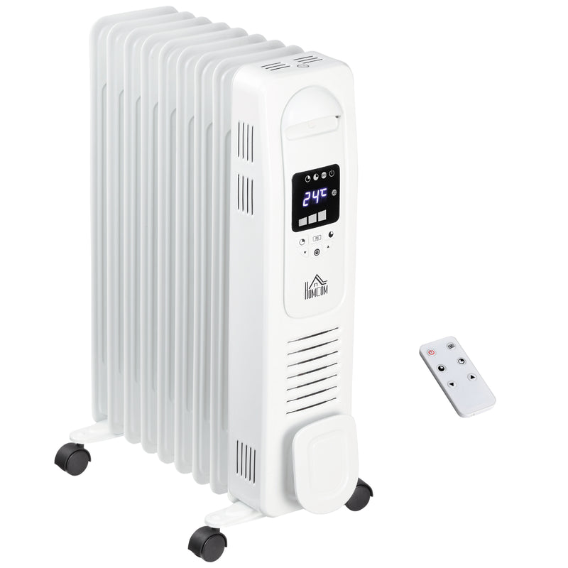 2180W Digital Oil Filled Radiator, 9 Fin, Portable Electric Heater with LED Display, 3 Heat Settings, Safety Cut-Off and Remote Control, White