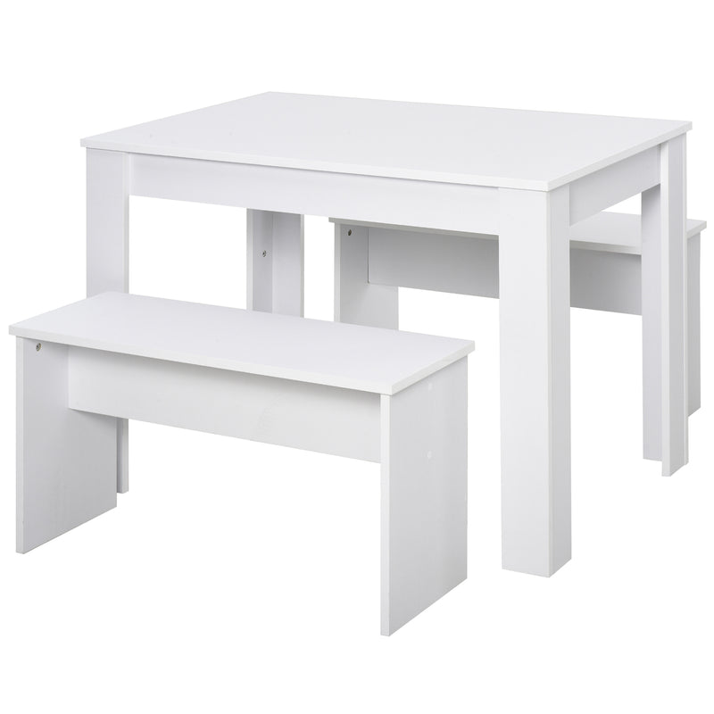 Kitchen Dining Table and 2 Benches Set, Table and Chairs Set for Limited Space, White