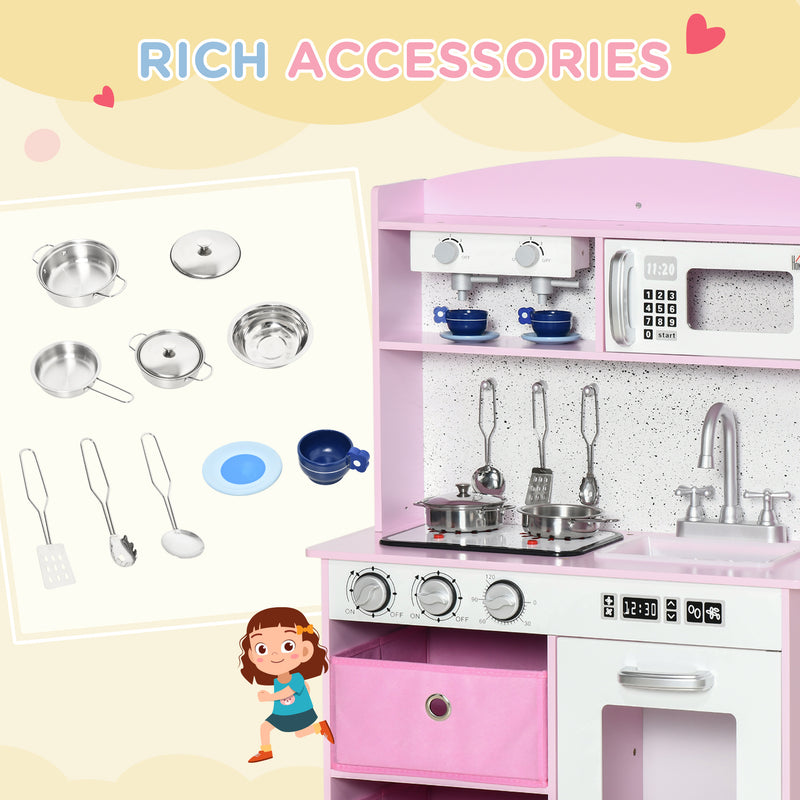 Wooden Play Kitchen with Lights and Sound, Kids Kitchen Playset with Coffee Maker Microwave Sink Utensils Storage Bins, Pretend Role Play Pink