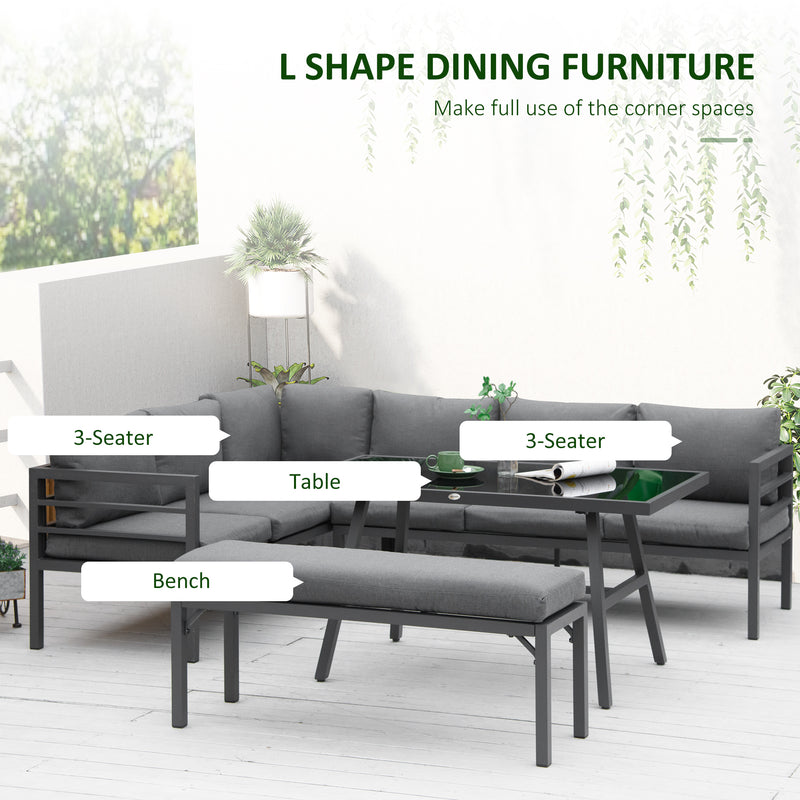4 Piece L-shaped Garden Furniture Set 8-Seater Aluminium Outdoor Dining Set Conversation Sofa Set w/ Bench, Dining Table & Cushions, Grey