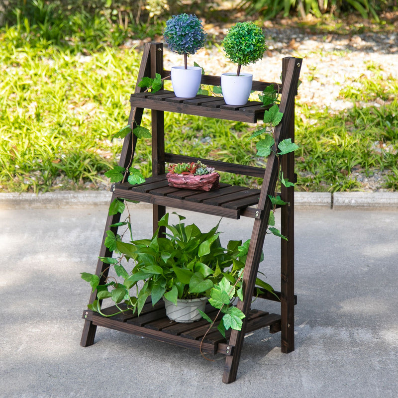 3-Tier Wooden Plant Shelf Foldable Plant Pots Holder Stand Indoor Outdoor 60L x 37W x 93H cm