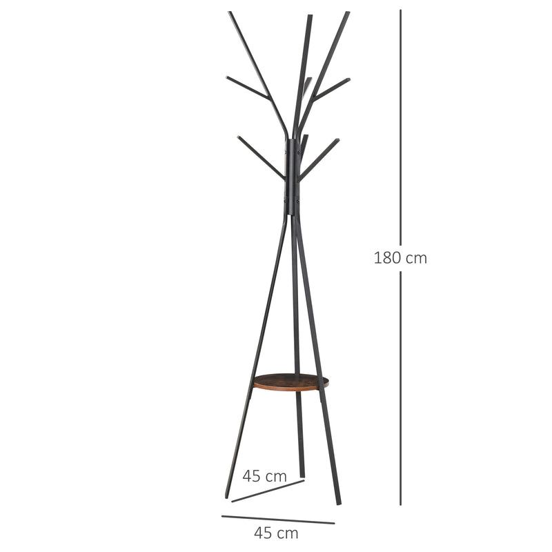 180cm Free Standing Metal Coat Rack Stand 9 Hooks Clothes Tree with 1 Shelf Hat Display Hall Tree Hanger Bag Umbrella Hanging Organiser, Brown