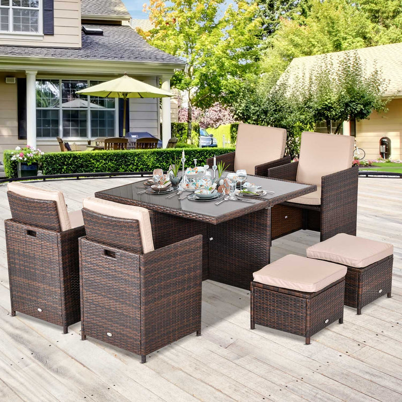 9PC Rattan Garden Furniture Set 8-seater Wicker Outdoor Dining Set Chairs + Footrest + Table Thick Cushion - Brown