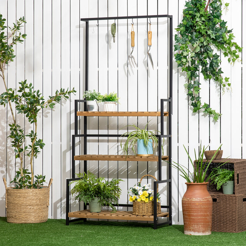 3 Tiered Plant Stand with Hanging Hooks, Flower Rack Shelf for Indoor Outdoor Porch Balcony Living Room Bedroom