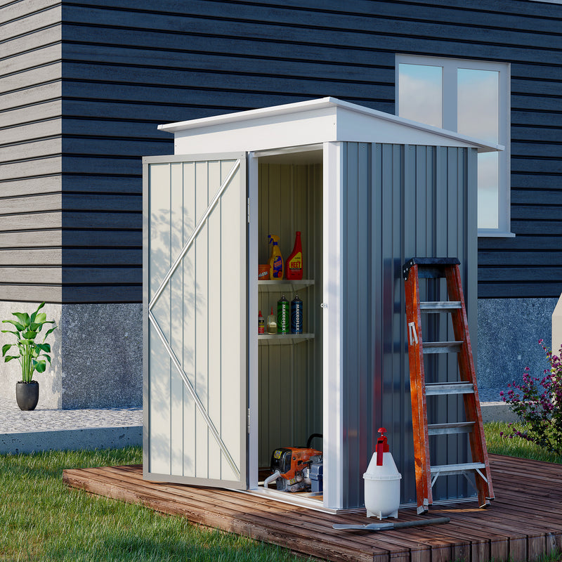 Metal Garden Shed, Outdoor Lean-to Shed for Tool Motor Bike, with Adjustable Shelf, Lock, Gloves, 5'x3'x6', Grey