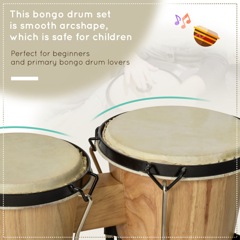 Wooden Bongo Drum Set w/ Sheepskin Drum Head, Percussion Instrument, 7.75" & 7" Drums, for Kids Adults, w/ Tuning Wrench