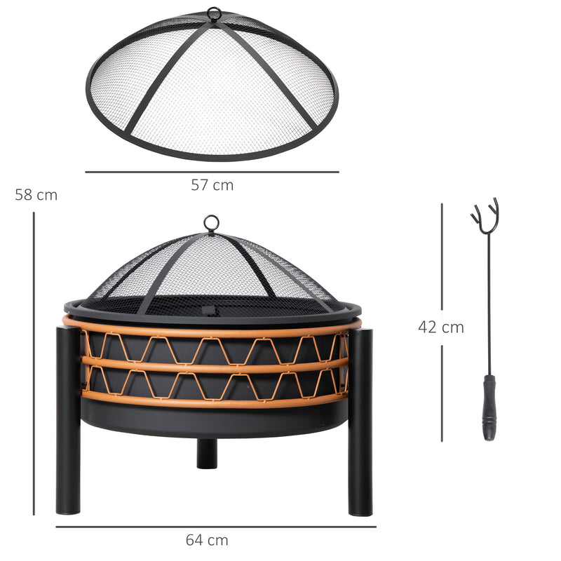 Outdoor Fire Pit, Metal Round Firepit Bowl, Charcoal Log Wood Burner with Screen Cover, Poker for Patio, BBQ, Camping, 64 x 64 x 58cm, Black