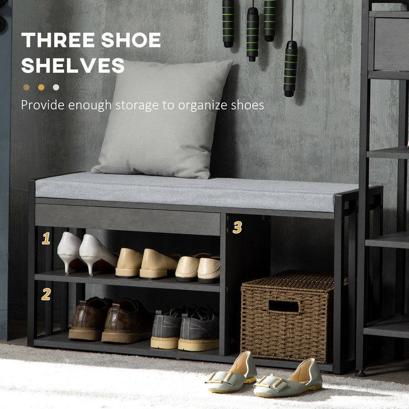 Shoe Storage with Seat, Upholstered Entryway Bench, Shoe Bench with 3 Open Shelves for Hallway, Grey