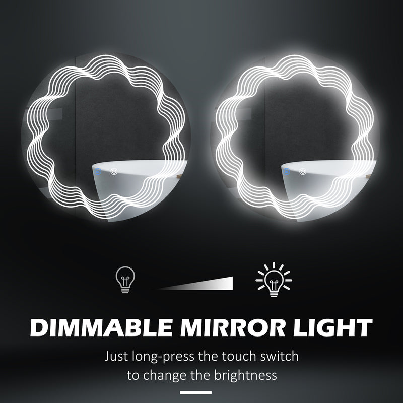 Round Illuminated Bathroom Mirrors w/ LED Dimming Lighted , Wall Mounted Vanity Mirror w/ 3 Colour, Smart Touch, Anti-Fog, 60cm