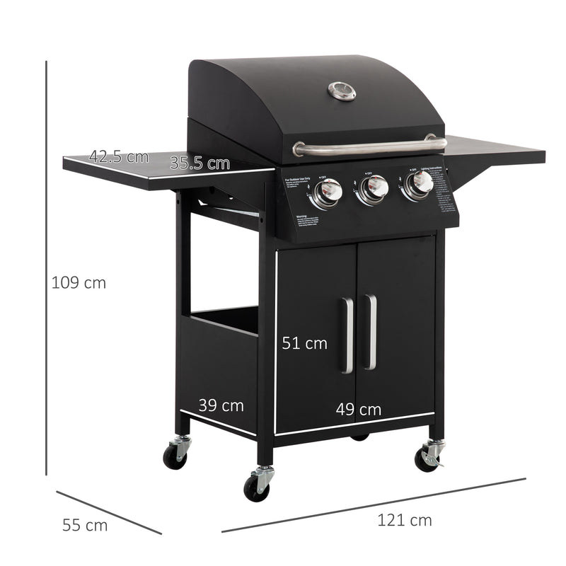3 Burner Gas BBQ Grill Outdoor Portable Barbecue Trolley w/ Warming Rack, Side Shelves, Storage Cabinet, Thermometer, Carbon Steel, Black