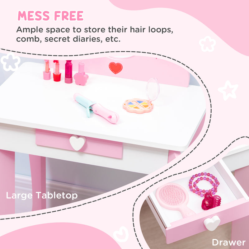 5PCs Kids Bedroom Furniture Set with Bed, Toy Box Bench, Storage Unit, Dressing Table and Stool, Princess Themed, for 3-6 Years Old, Pink