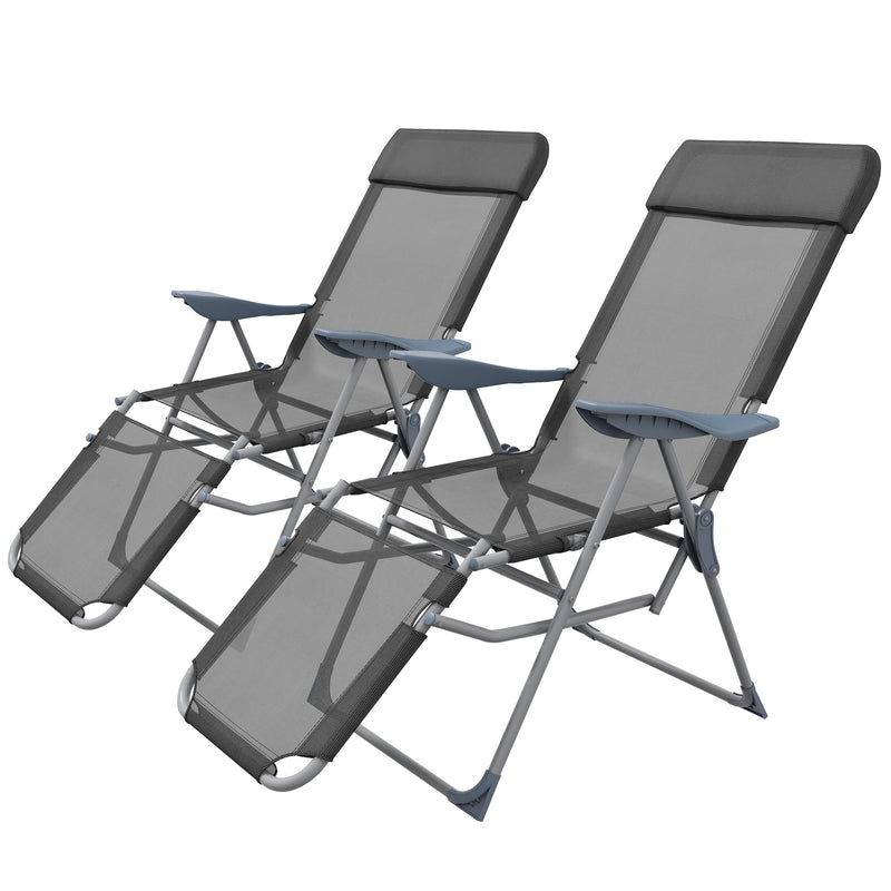 Outdoor Sun Lounger Set of 2, Reclining Garden Chairs w/ Adjustable Footrest, 2 pcs Recliner w/ 5-level Adjustable Backrest, Headrest, Black